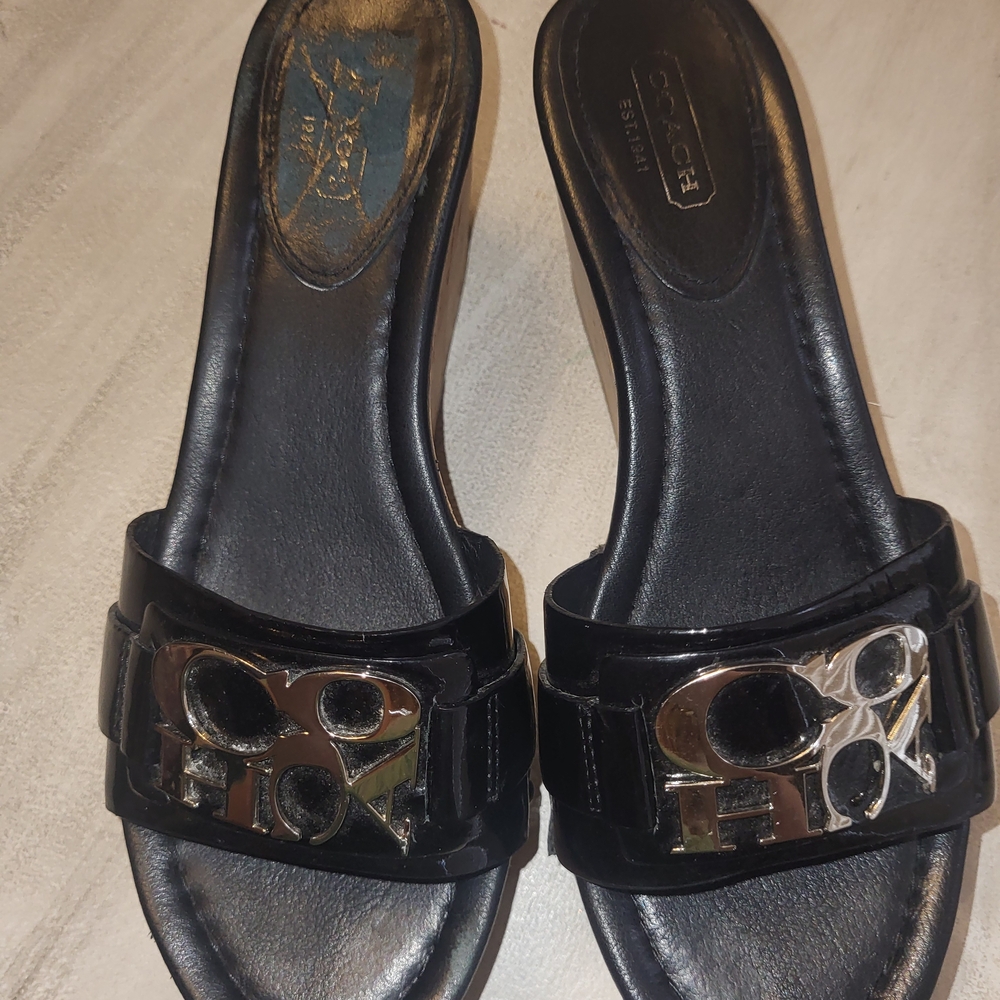 Coach Black Slide Sandals with Silver Accents